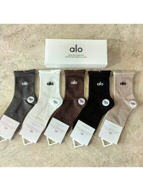 A33- ALO Yoga Women's Rolled Cuff Neutral Half-Crew Socks 5-Pair Box Set - NWT